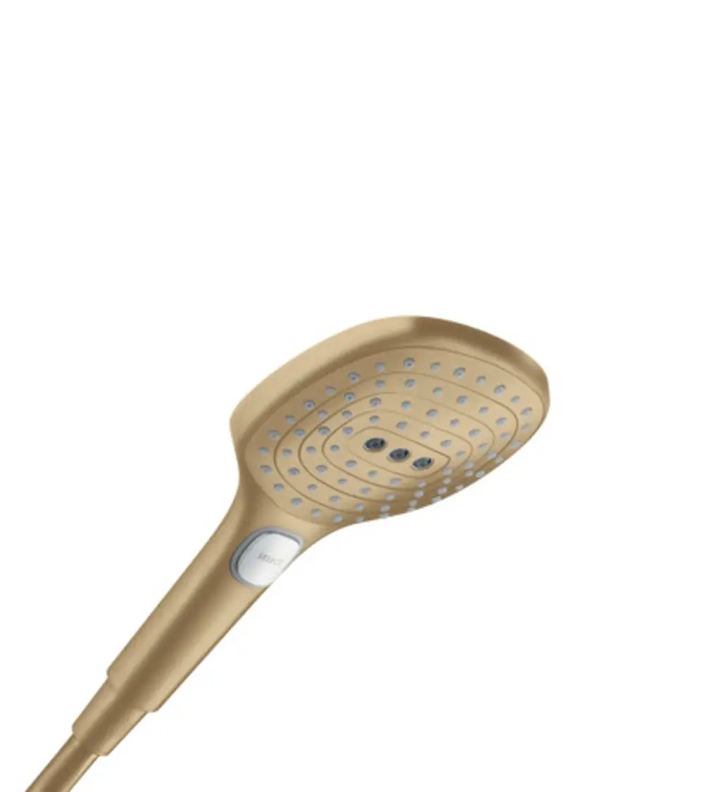 Handbrause mit einem gebürsteten bronzenen Finish und mehreren Strahloptionen, ausgestattet mit einem Bedienknopf zur Auswahl der Strahlarten, von Hansgrohe.